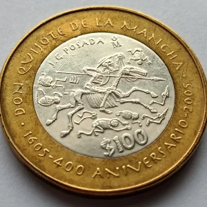 Moneda de 100 Pesos Calavera Quijotesca - 400 Aniv. Don Quijote de la Mancha - Condición: Usada