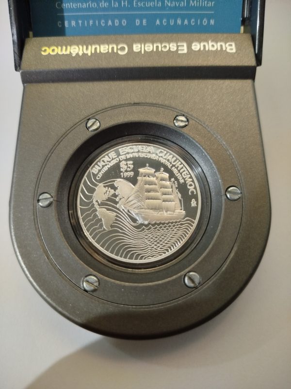 Moneda Buque Escuela Cuauhtemoc -1999 Plata Proof Ley 0.925 - 5 Pesos  - Con certificado de acuñación y estuche 