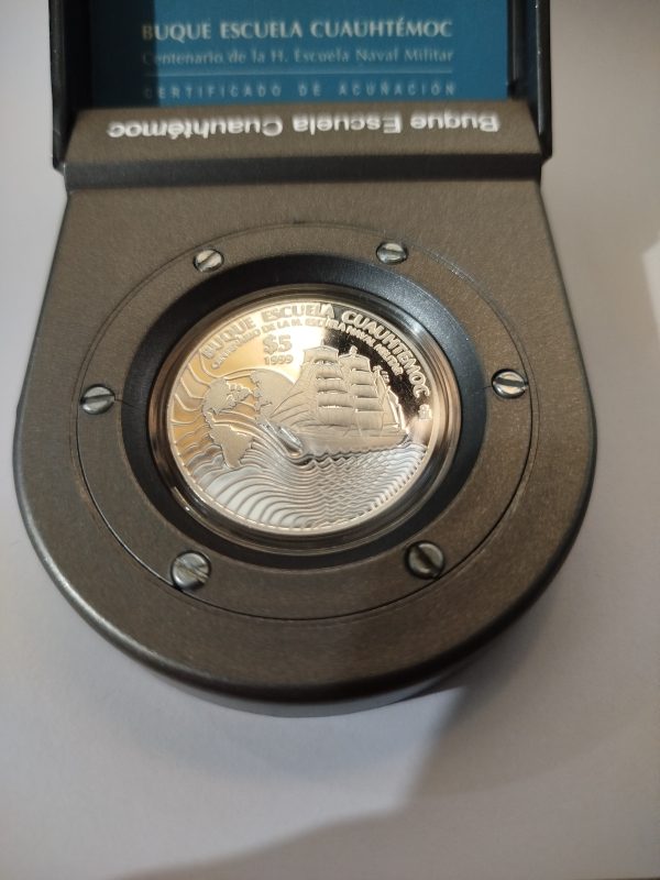 Moneda Buque Escuela Cuauhtemoc -1999 Plata Proof Ley 0.925 - 5 Pesos  - Con certificado de acuñación y estuche  - Imagen 8