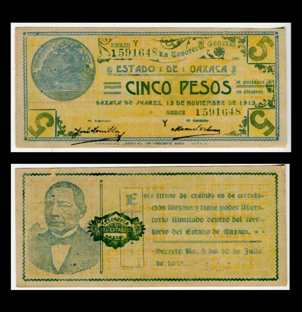Billete 5 Pesos Oaxaca 1915 - Condición VF (Very Fine)