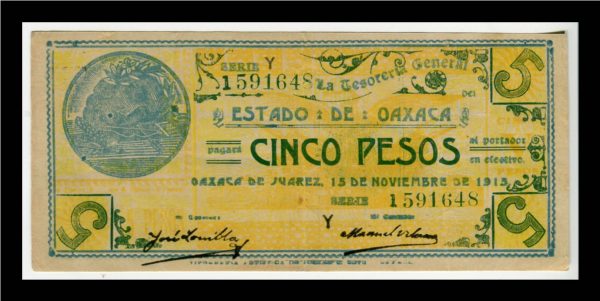 Billete 5 Pesos Oaxaca 1915 - Condición VF (Very Fine) - Imagen 2