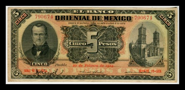 Billete Banco Oriental de México Puebla 5 Pesos - Imagen 2