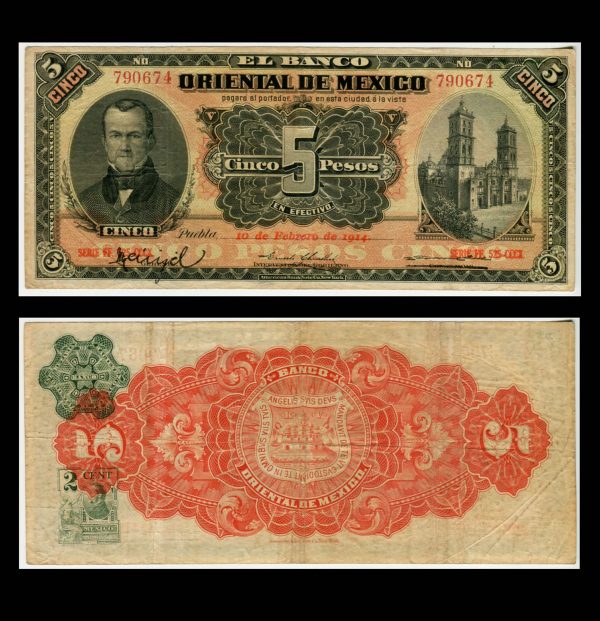 Billete Banco Oriental de México Puebla 5 Pesos