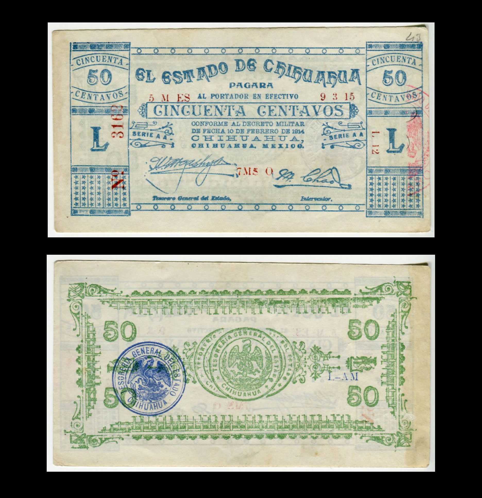 Billete 50 Centavos El estado de Chihuahua Condición: VF (Very Fine)