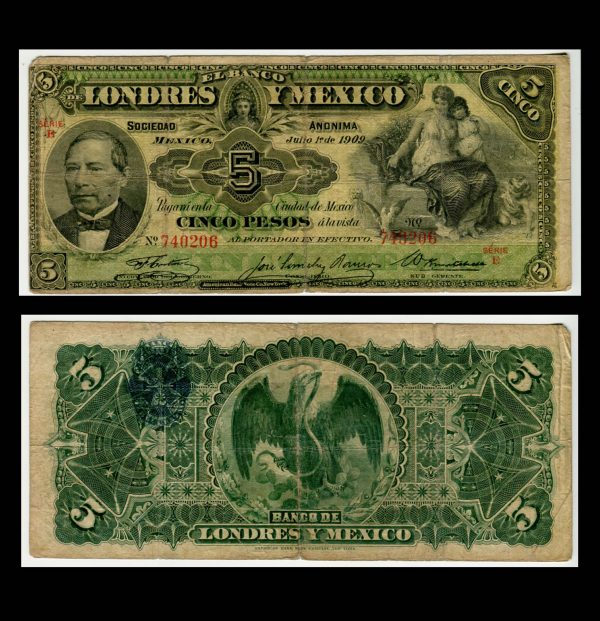 Billete Banco de Londres y México 5 pesos 1909 - Condición VG (Very Good)