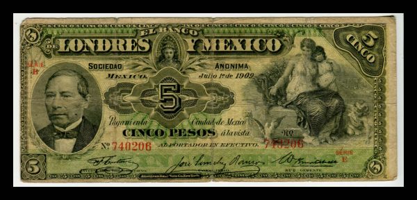 Billete Banco de Londres y México 5 pesos 1909 - Condición VG (Very Good) - Imagen 2