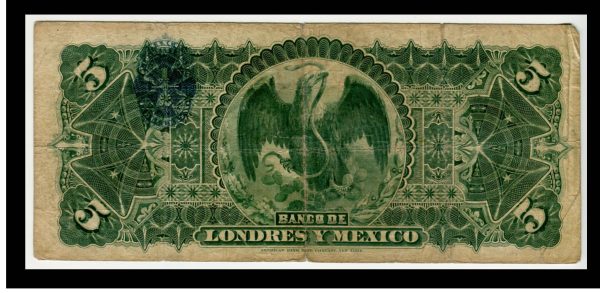 Billete Banco de Londres y México 5 pesos 1909 - Condición VG (Very Good) - Imagen 3
