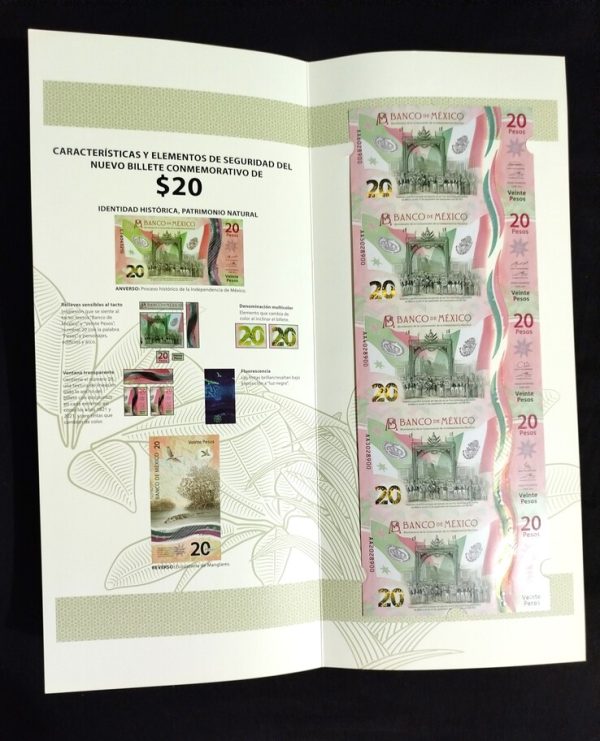 5 Billetes sin recortar $20 Pesos "Consumación de la Independencia" con Folder Oficial de Banco de México - Imagen 4