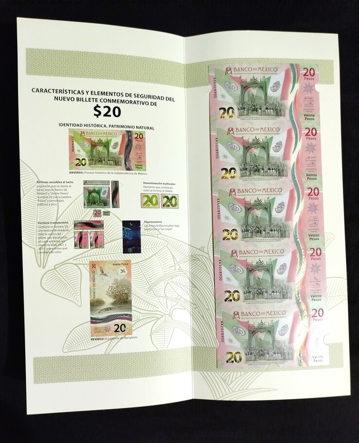 5 Billetes sin recortar $20 Pesos "Consumación de la Independencia" con Folder Oficial de Banco de México - Imagen 4