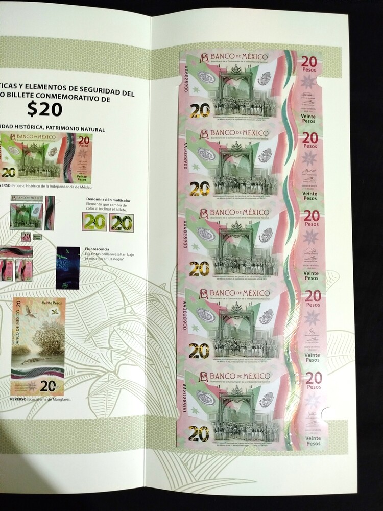 5 Billetes sin recortar $20 Pesos "Consumación de la Independencia" con Folder Oficial de Banco de México - Imagen 8