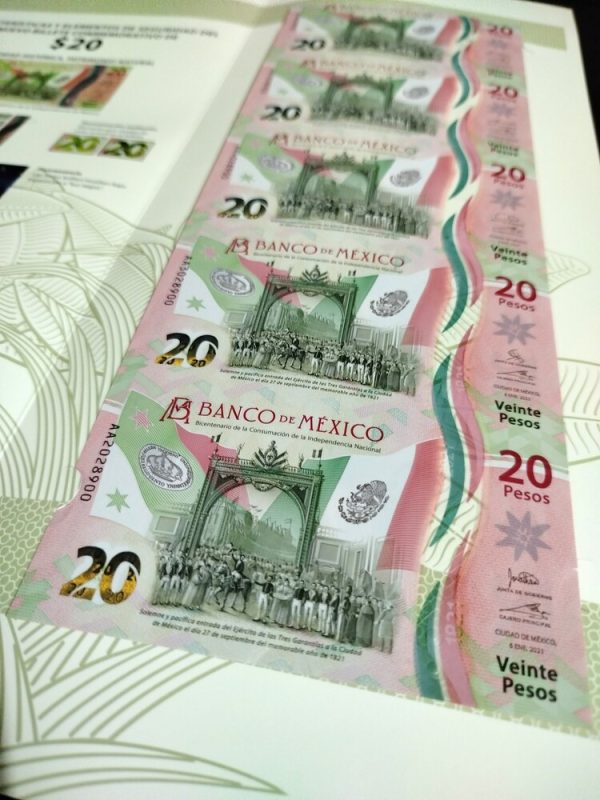 5 Billetes sin recortar $20 Pesos "Consumación de la Independencia" con Folder Oficial de Banco de México - Imagen 12