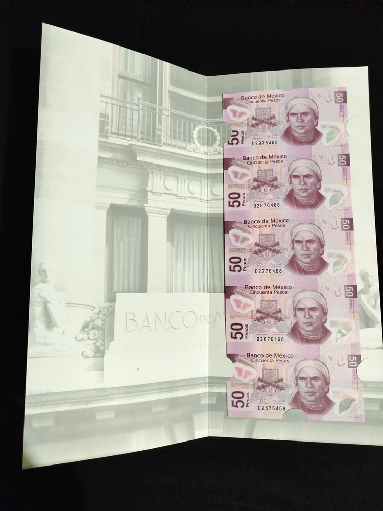 5 Billetes sin recortar $50 Pesos Morelos con Folder Oficial de Banco de México - Imagen 3