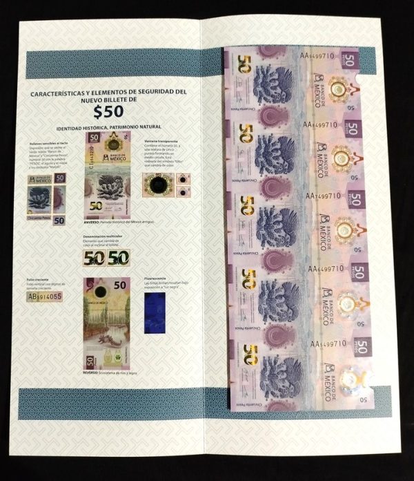 5 Billetes sin recortar $50 Pesos Ajolote con Folder Oficial de Banco de México - Imagen 3