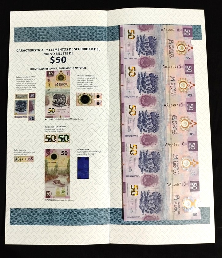 5 Billetes sin recortar $50 Pesos Ajolote con Folder Oficial de Banco de México - Imagen 3