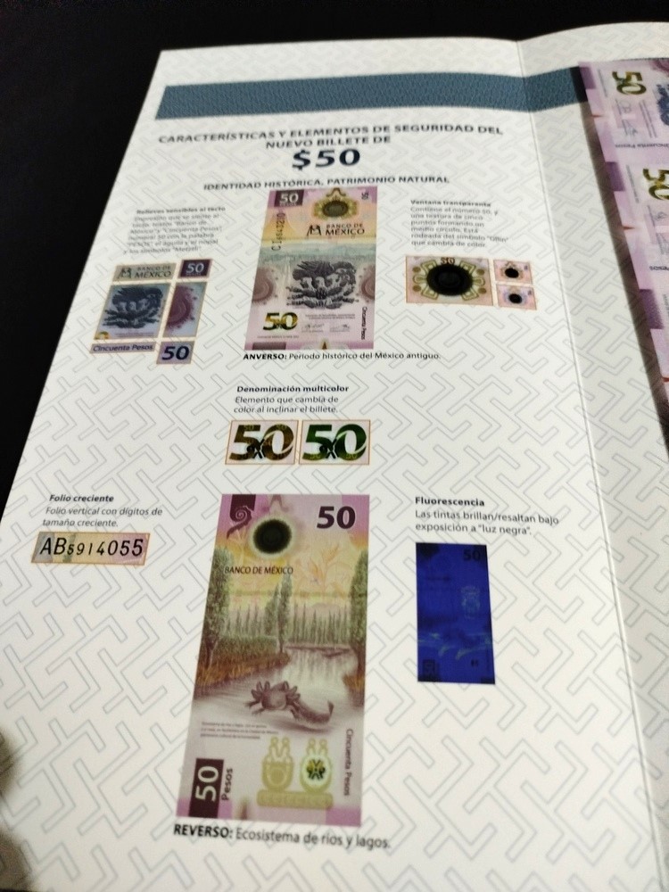 5 Billetes sin recortar $50 Pesos Ajolote con Folder Oficial de Banco de México - Imagen 6
