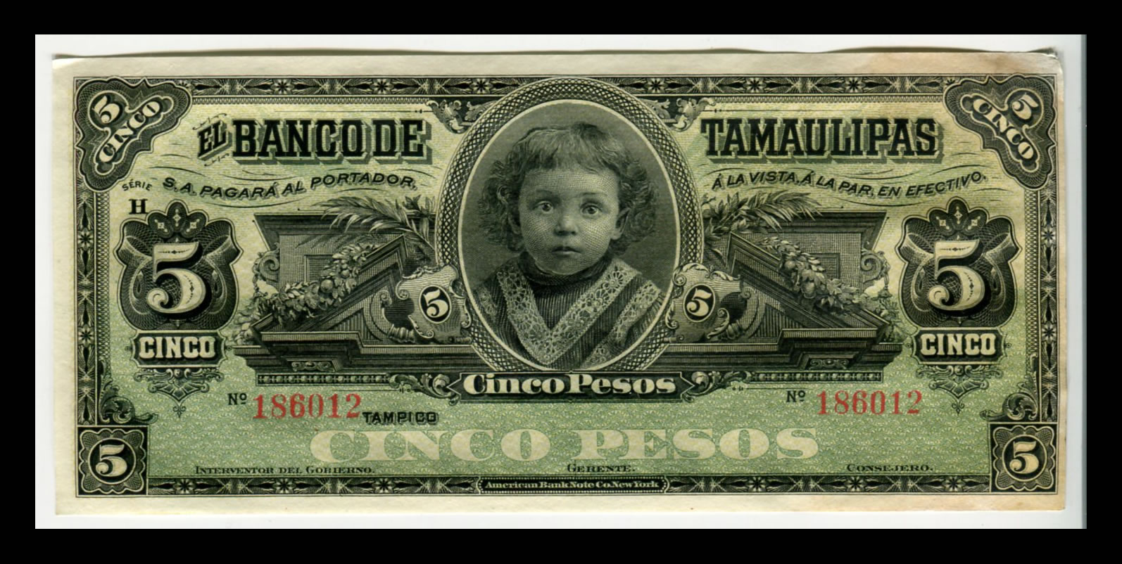 Billete El Banco de Tamaulipas 5 Pesos - Sin Firmas - Condición VF (Very Fine) ID: 1 - Imagen 2