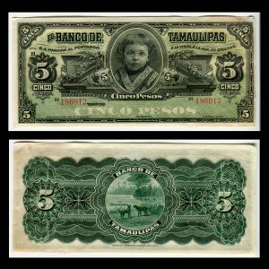 Billete El Banco de Tamaulipas 5 Pesos - Sin Firmas - Condición VF (Very Fine) ID: 1