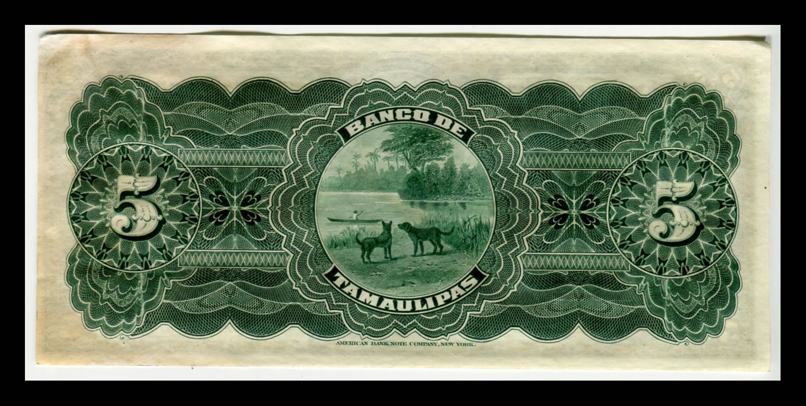 Billete El Banco de Tamaulipas 5 Pesos - Sin Firmas - Condición VF (Very Fine) ID: 1 - Imagen 3