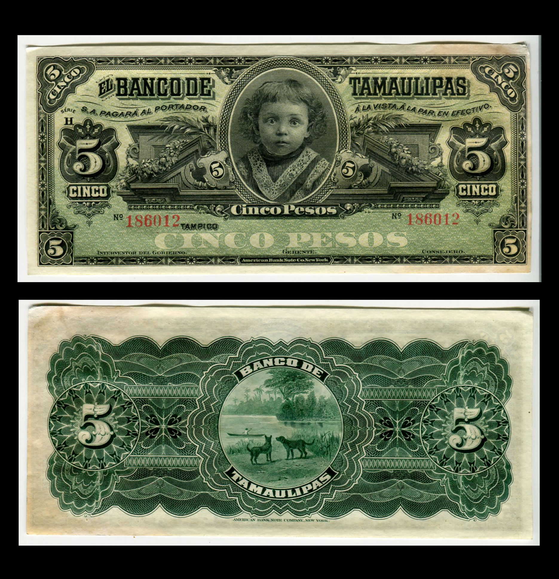 Billete El Banco de Tamaulipas 5 Pesos - Sin Firmas - Condición VF (Very Fine) ID: 1