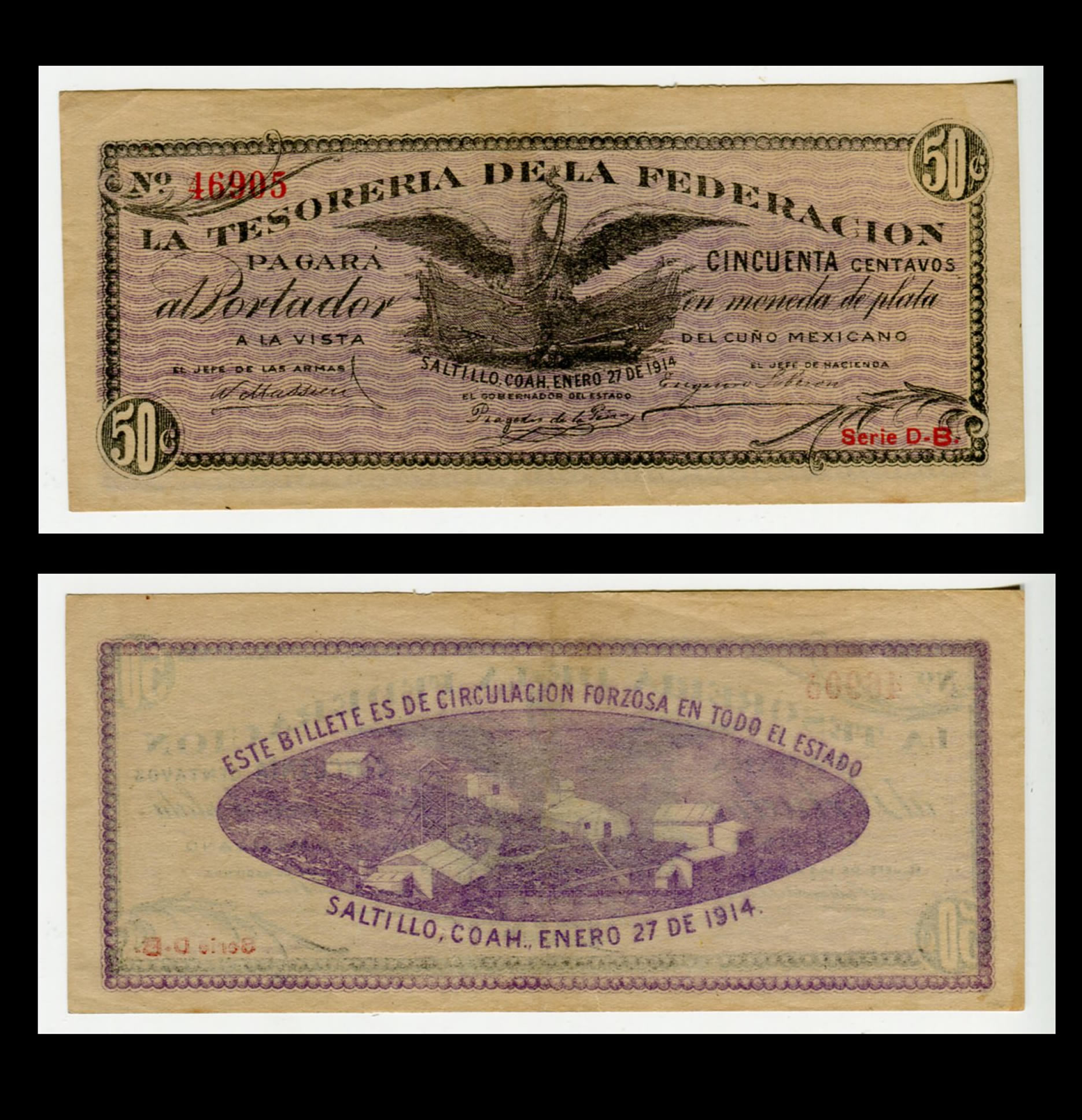 Billete 50 Centavos Tesorería de la Federación Saltillo Condición: XF (Extra Fine)