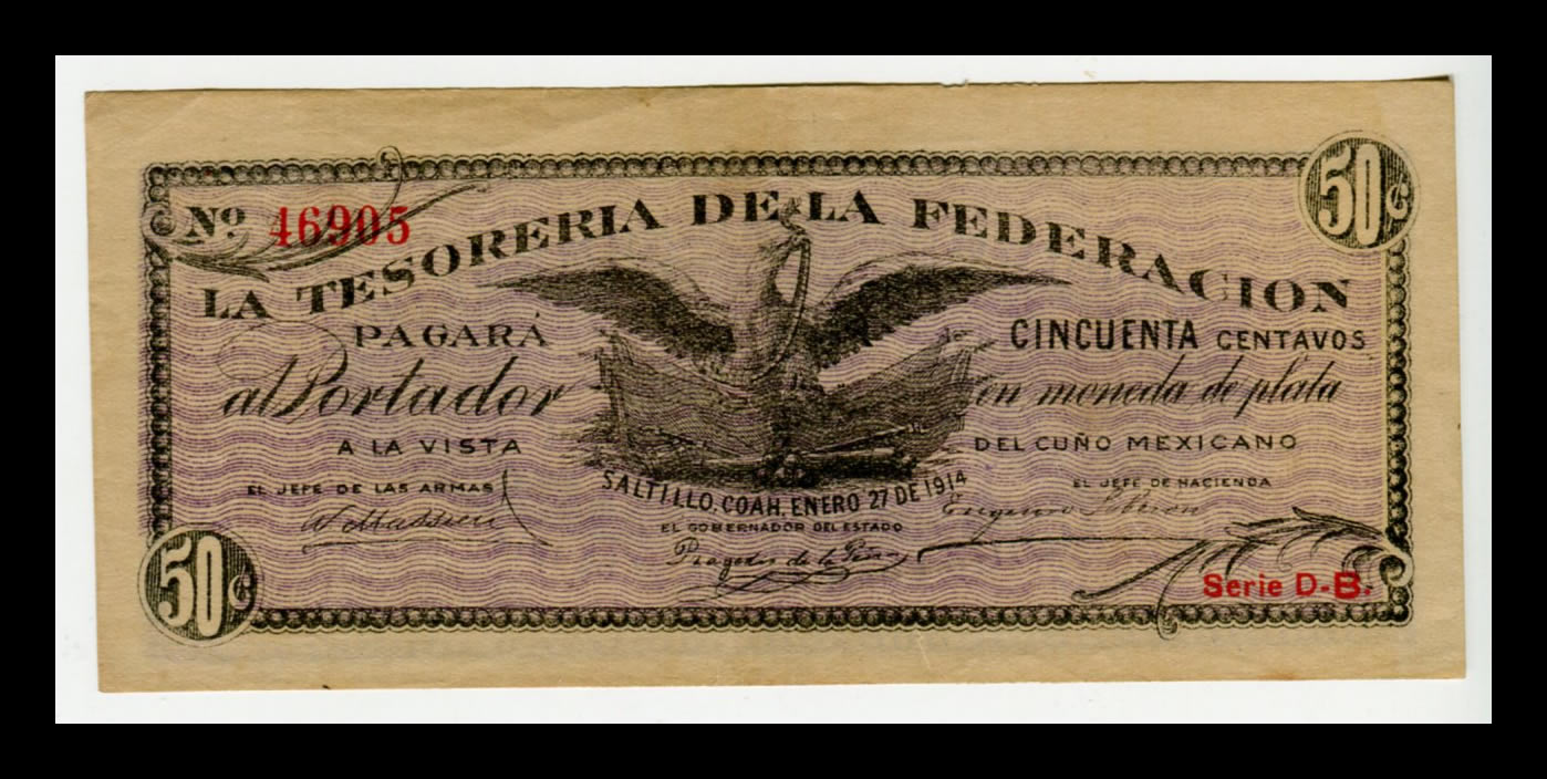 Billete 50 Centavos Tesorería de la Federación Saltillo Condición: XF (Extra Fine) - Imagen 2