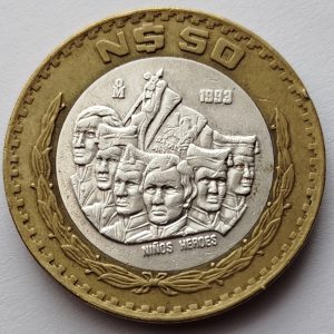 Moneda 50 Pesos Niños Héroes - Centro de Plata-  Año 1993