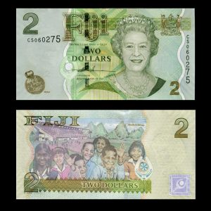 Billete Fiji 2 Dólares - Reina Elizabeth II - Niños en el estadio