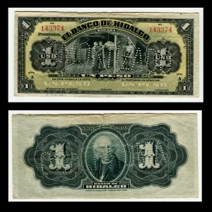Billete El Banco de Hidalgo 1 Peso Sin Firmas y Sin Fecha Condición: VG (Very Good)