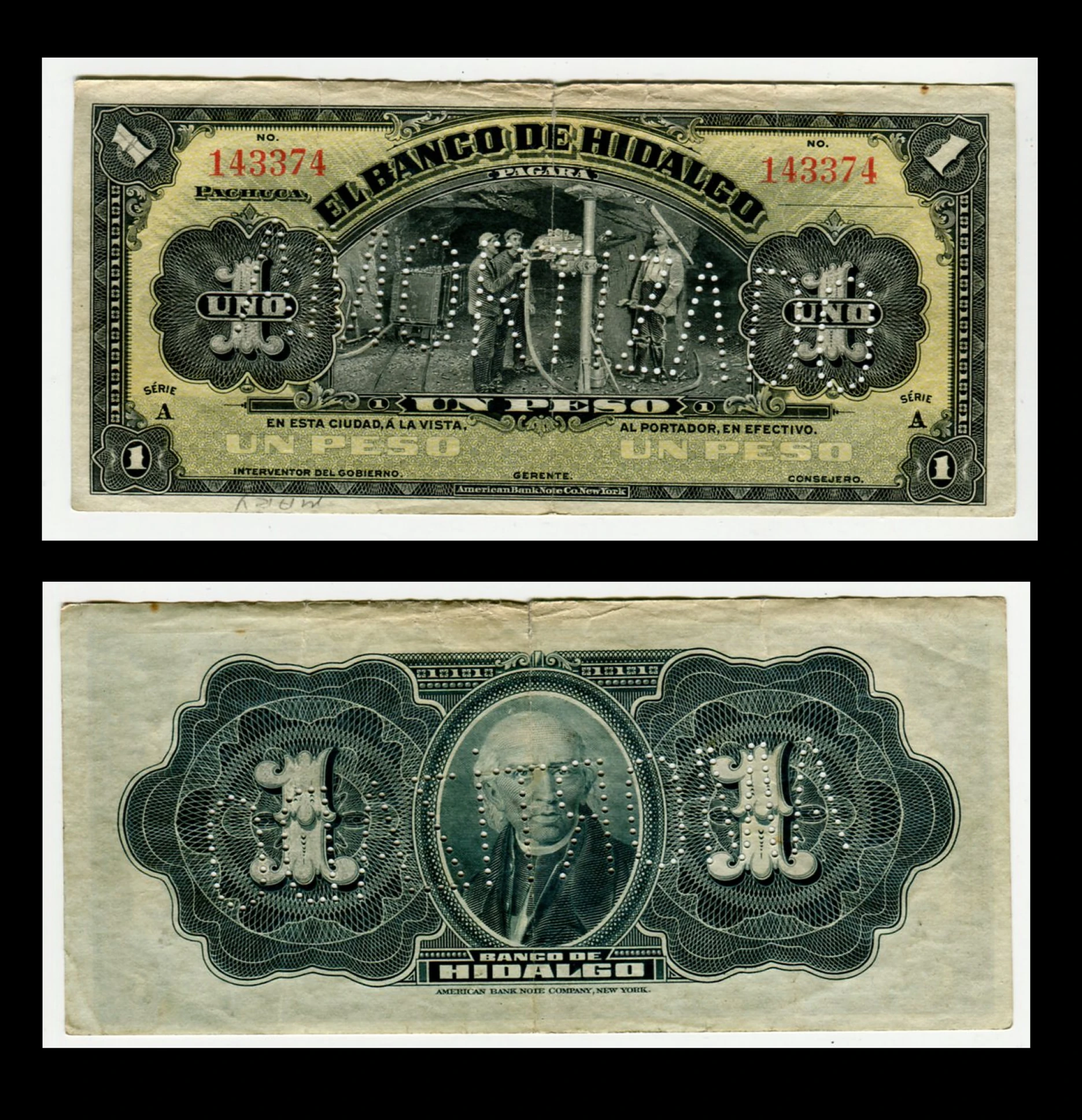 Billete El Banco de Hidalgo 1 Peso Sin Firmas y Sin Fecha Condición: VG (Very Good)