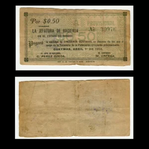 Billete Sonora Guaymas 50 Centavos Jefatura de Hacienda de 1914  Condición F (Fine)