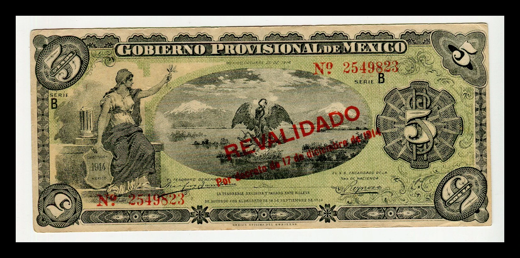 Billete 5 Pesos Gobierno Provisional de México - Condición: Usado - Grado: VF (Very Fine) - Imagen 2