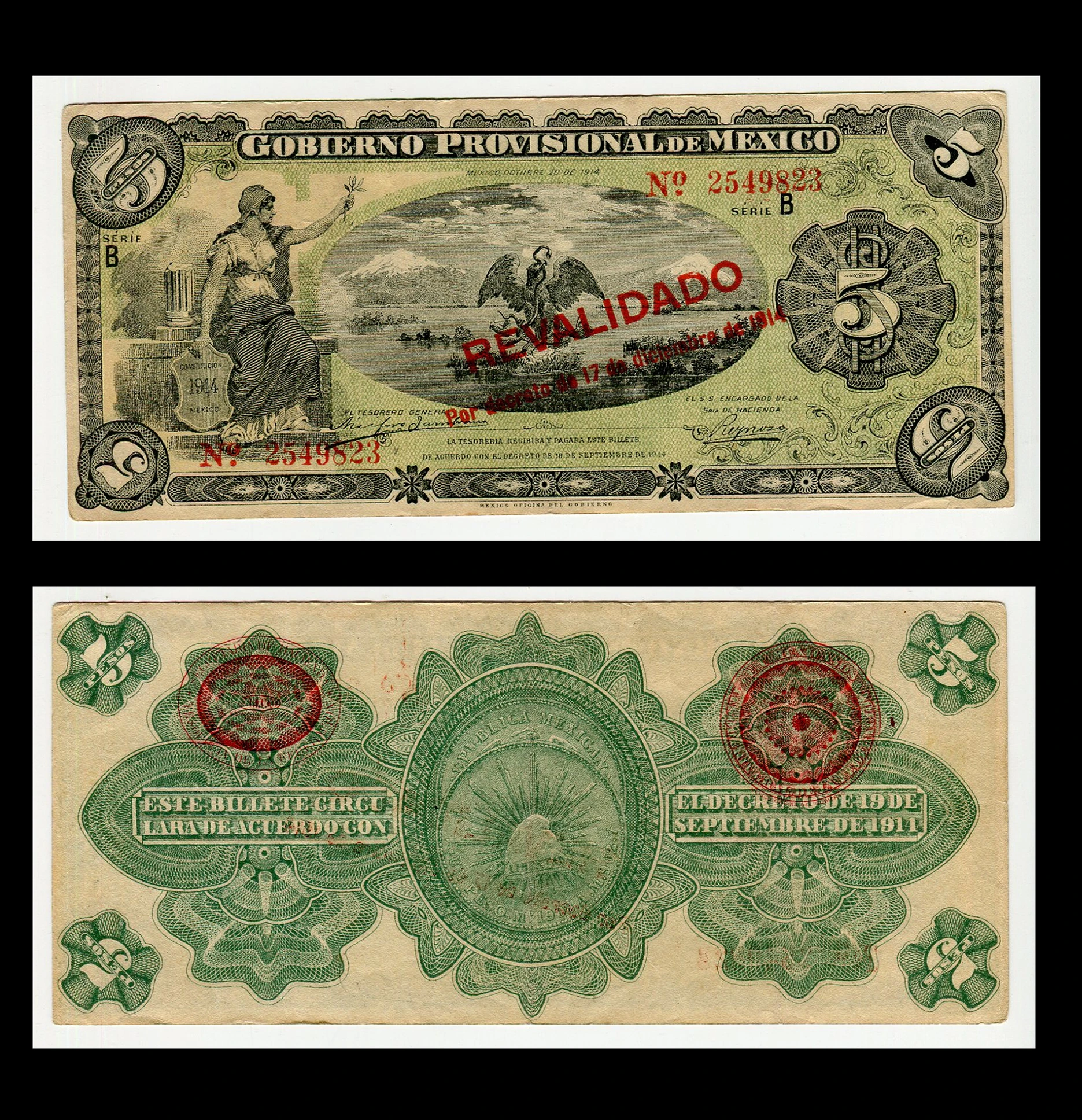 Billete 5 Pesos Gobierno Provisional de México - Condición: Usado - Grado: VF (Very Fine)