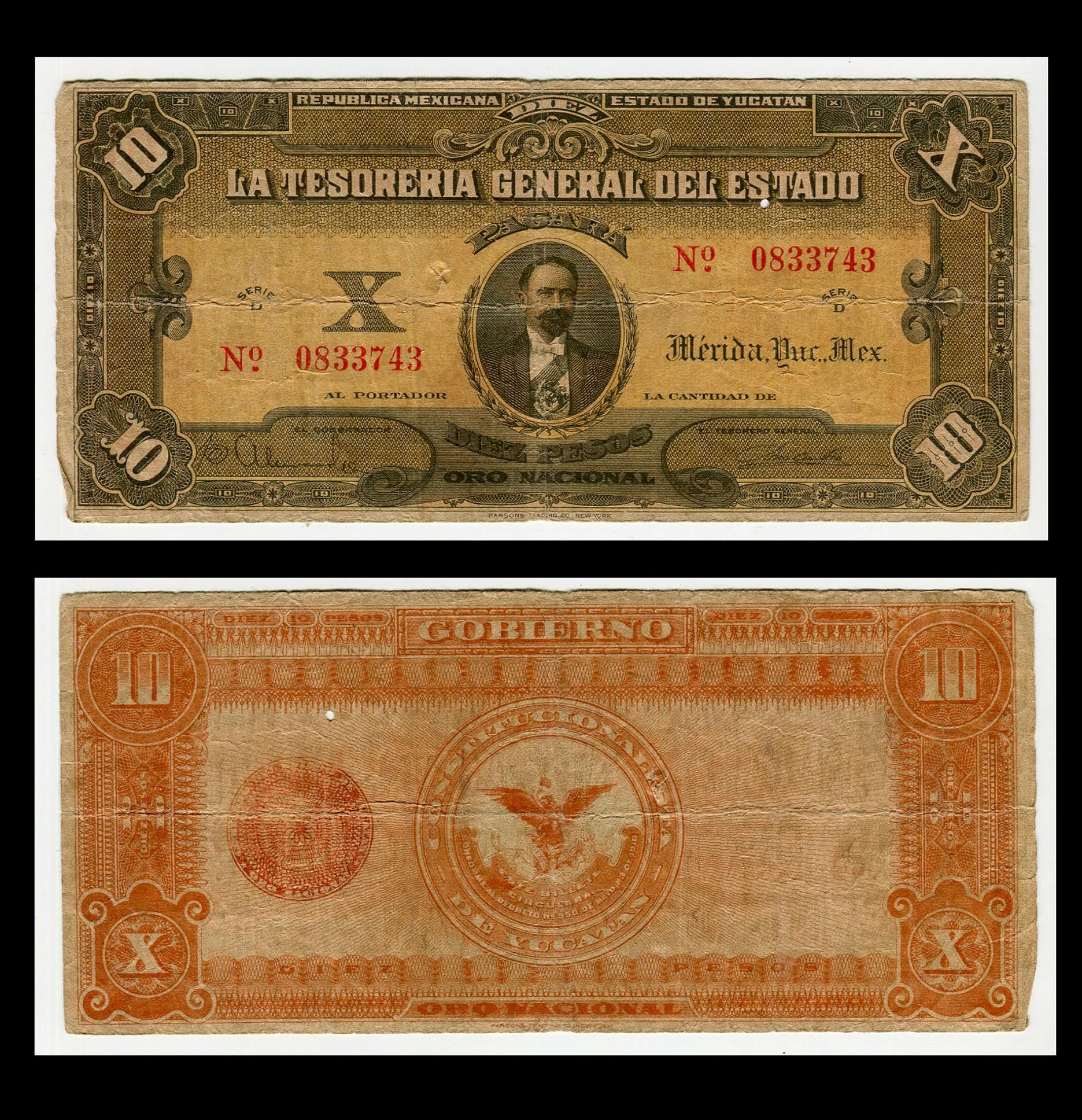 Billete La Tesorería General del Estado 10 Pesos - Condición: Usado - Grado: G (Good)