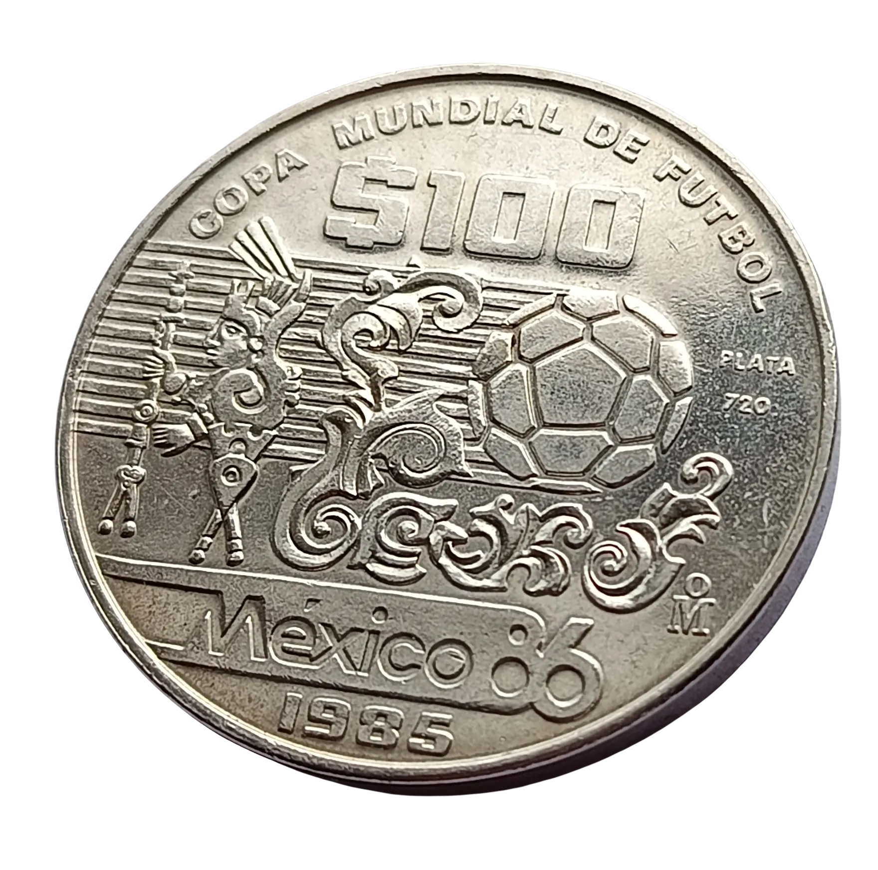 Moneda Conmemorativa $100 Pesos – Copa Mundial de Fútbol México 1986 (Plata Ley 0.720) - Condición Usada - Imagen 3