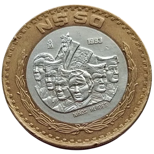 Moneda 50 Nuevos Pesos Niños Héroes - Centro de Plata- Año 1993 - Condición: Usada