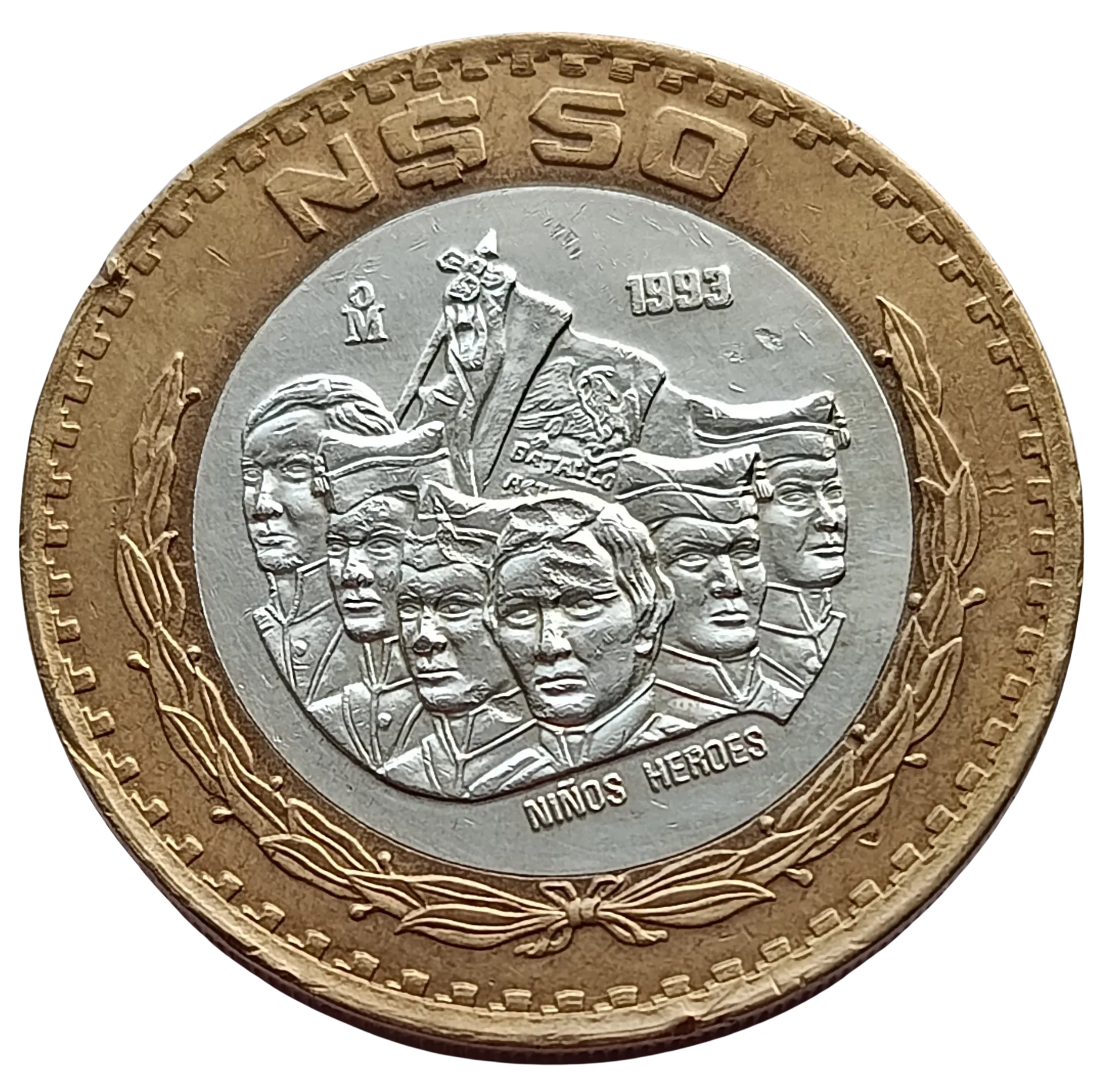 Moneda 50 Nuevos Pesos Niños Héroes - Centro de Plata- Año 1993 - Condición: Usada