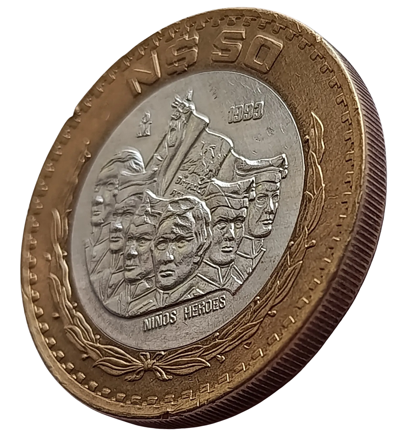 Moneda 50 Nuevos Pesos Niños Héroes - Centro de Plata- Año 1993 - Condición: Usada - Imagen 9