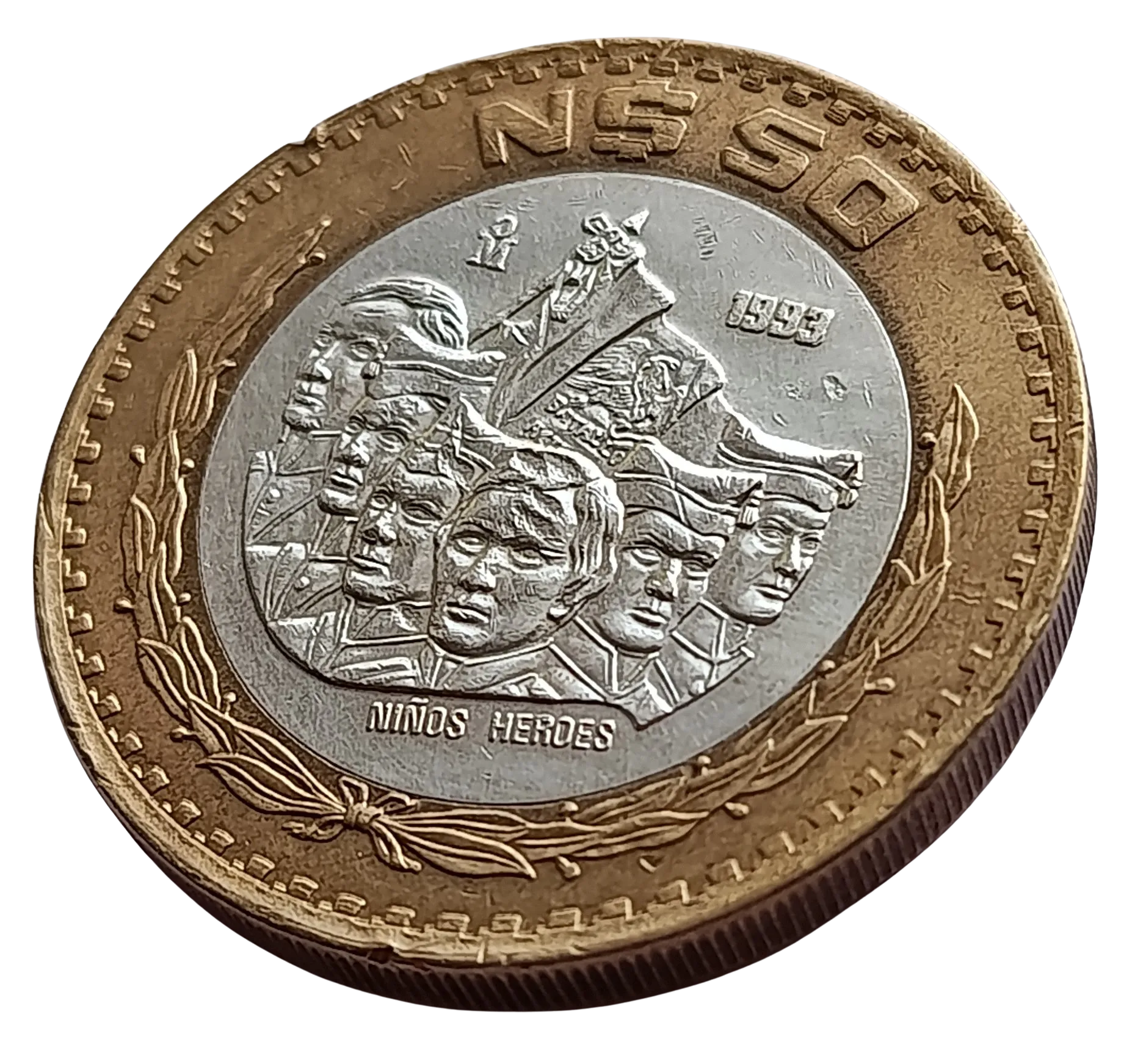 Moneda 50 Nuevos Pesos Niños Héroes - Centro de Plata- Año 1993 - Condición: Usada - Imagen 5