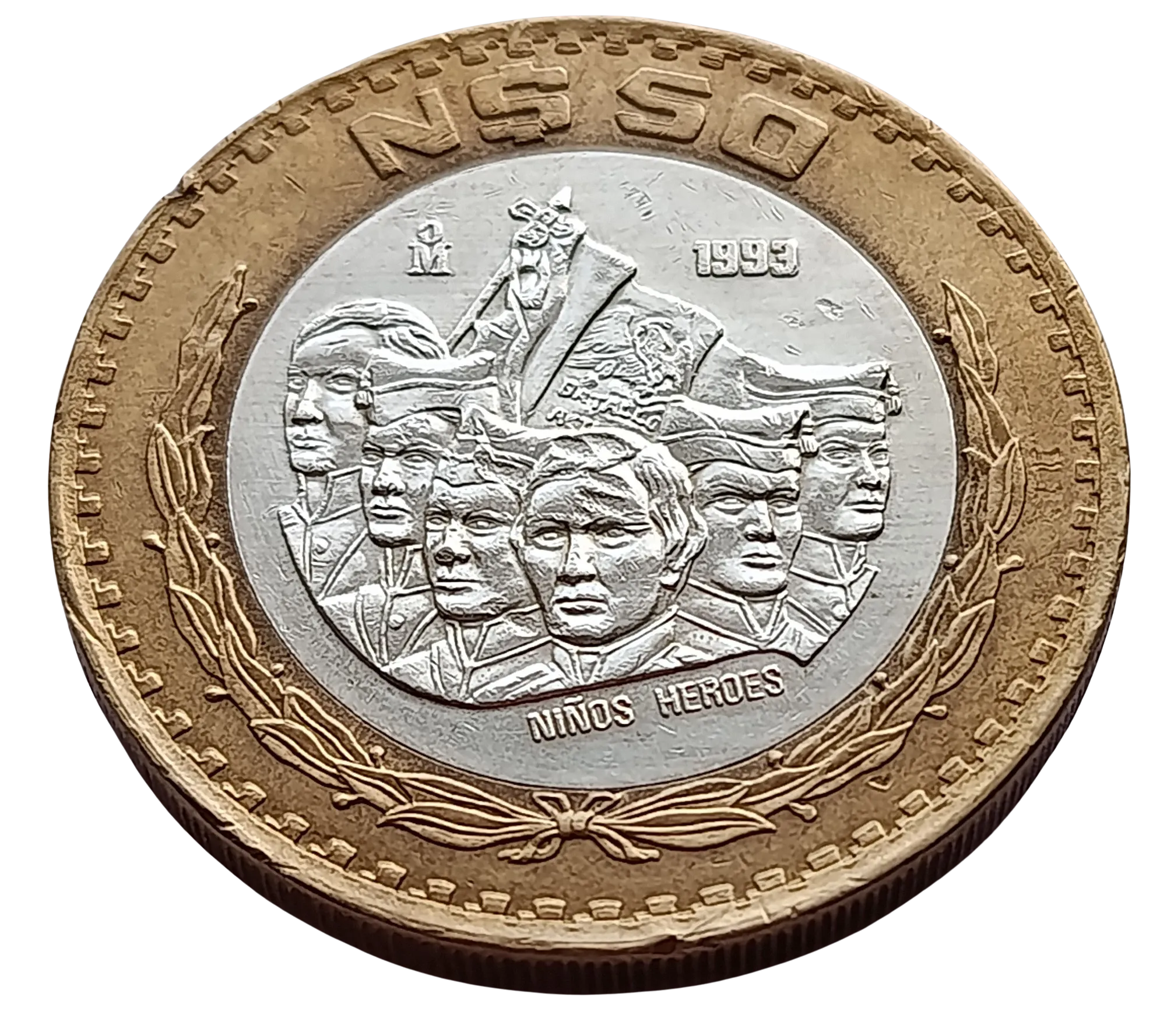 Moneda 50 Nuevos Pesos Niños Héroes - Centro de Plata- Año 1993 - Condición: Usada - Imagen 3