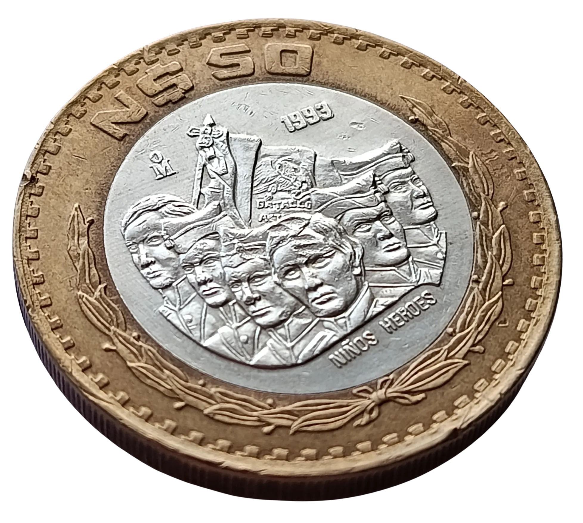 Moneda 50 Nuevos Pesos Niños Héroes - Centro de Plata- Año 1993 - Condición: Usada - Imagen 7