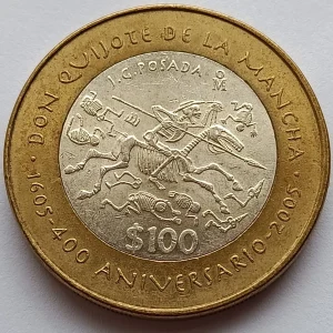 Moneda de 100 Pesos Calavera Quijotesca - 400 Aniv. Don Quijote de la Mancha - Condición: Usada