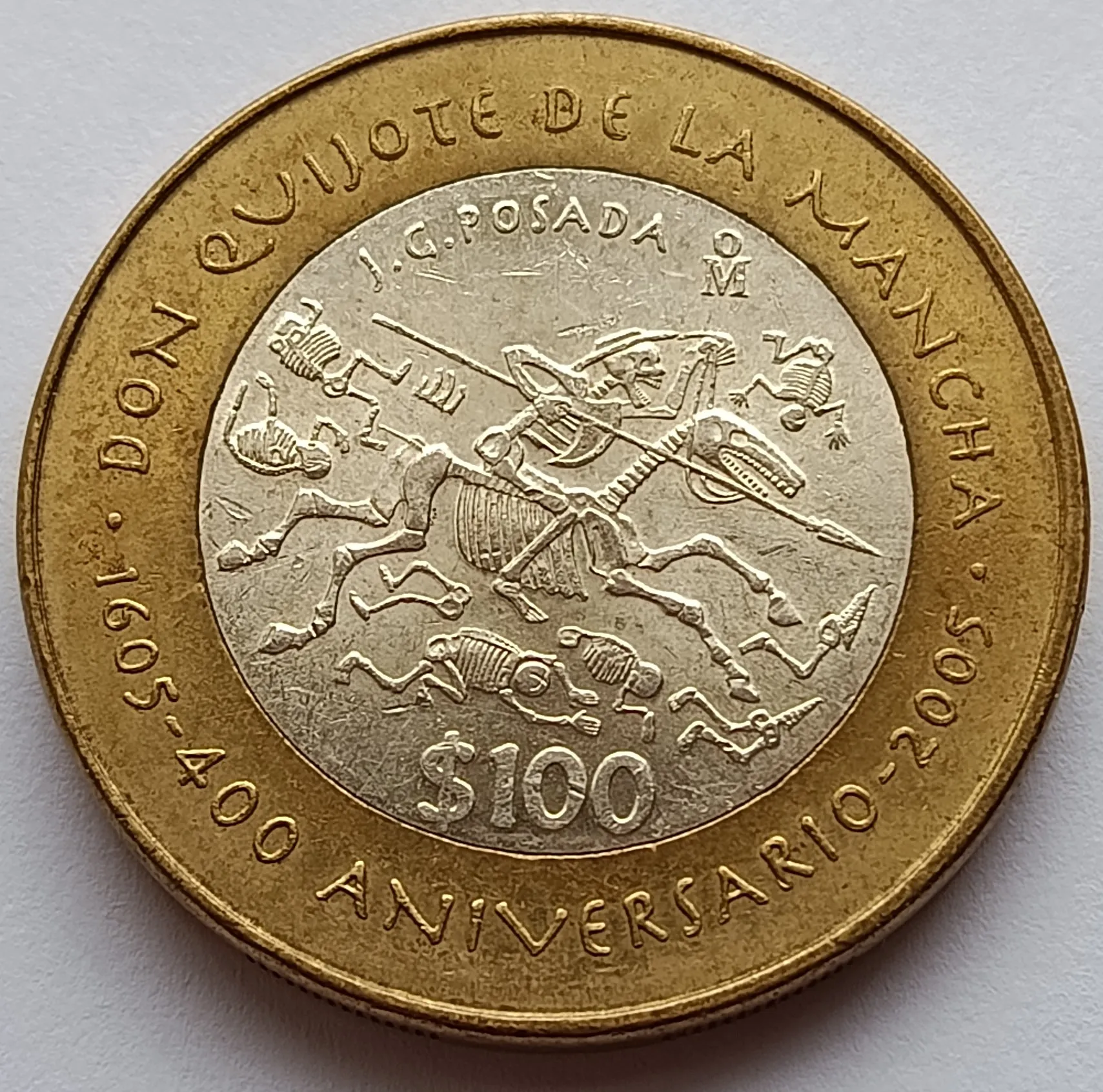 Moneda de 100 Pesos Calavera Quijotesca - 400 Aniv. Don Quijote de la Mancha - Condición: Usada
