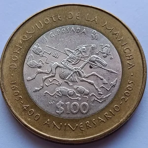 Moneda de 100 Pesos Calavera Quijotesca - 400 Aniv. Don Quijote de la Mancha - Condición: Usada