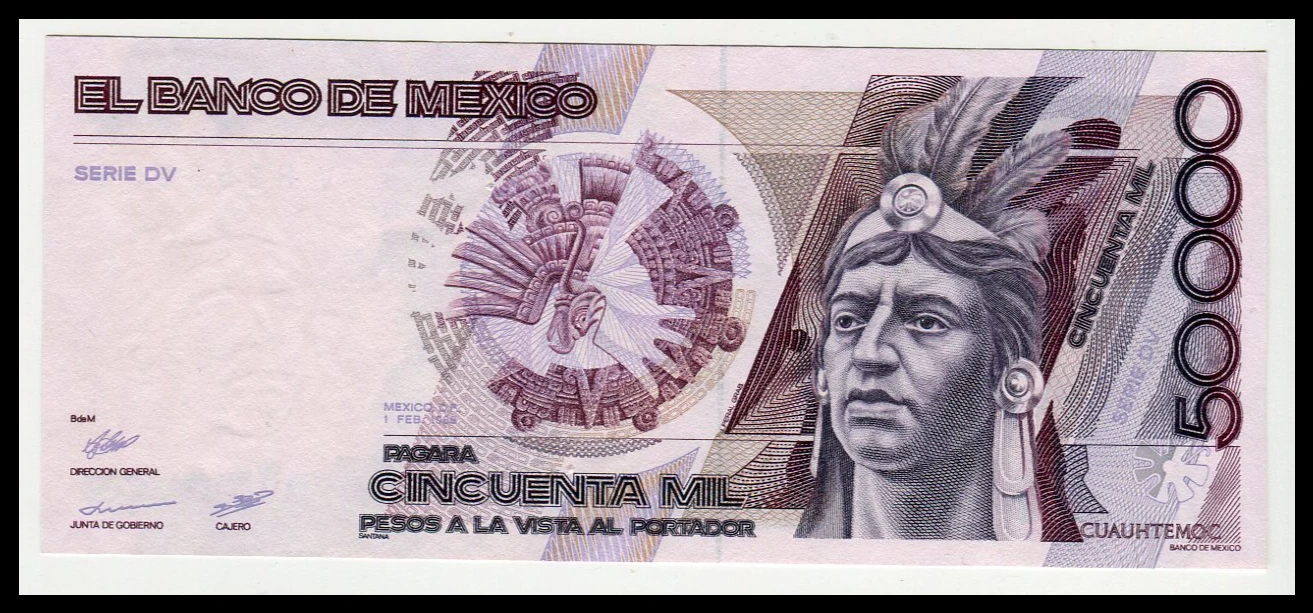 Billete 50000 Pesos Cuahutémoc - (Condición: Usado - Grado: AUNC - Casi Sin Circular) - Imagen 2