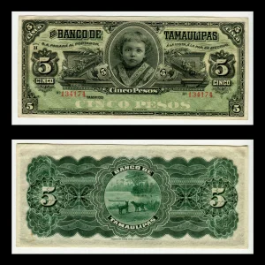 Billete El Banco de Tamaulipas 5 Pesos – Sin Firmas – Condición VF (Very Fine) ID: 3