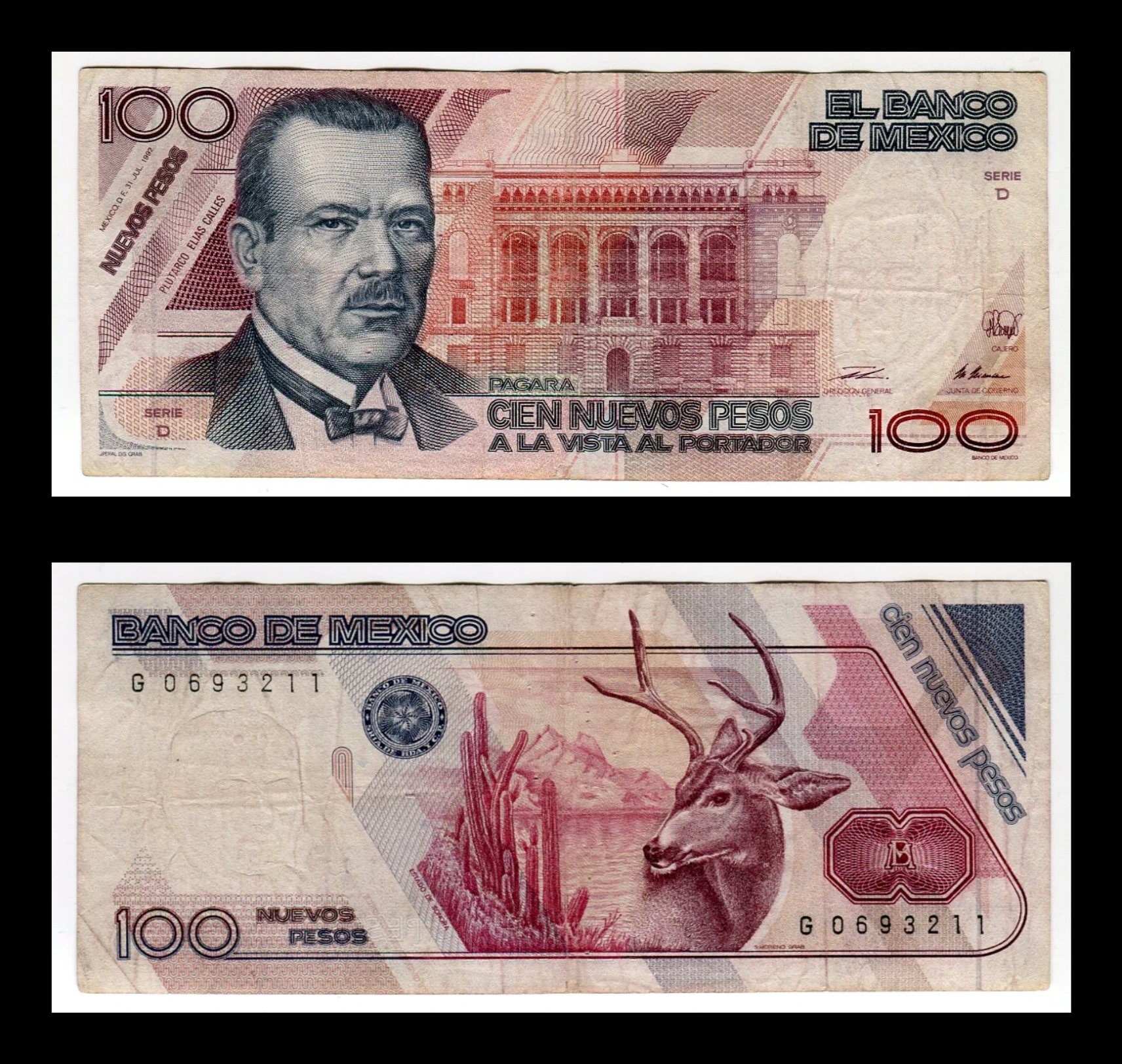 Billete 100 Nuevos Pesos Putarco Elias Calles - (Condición Usado - Grado: F "Fine")