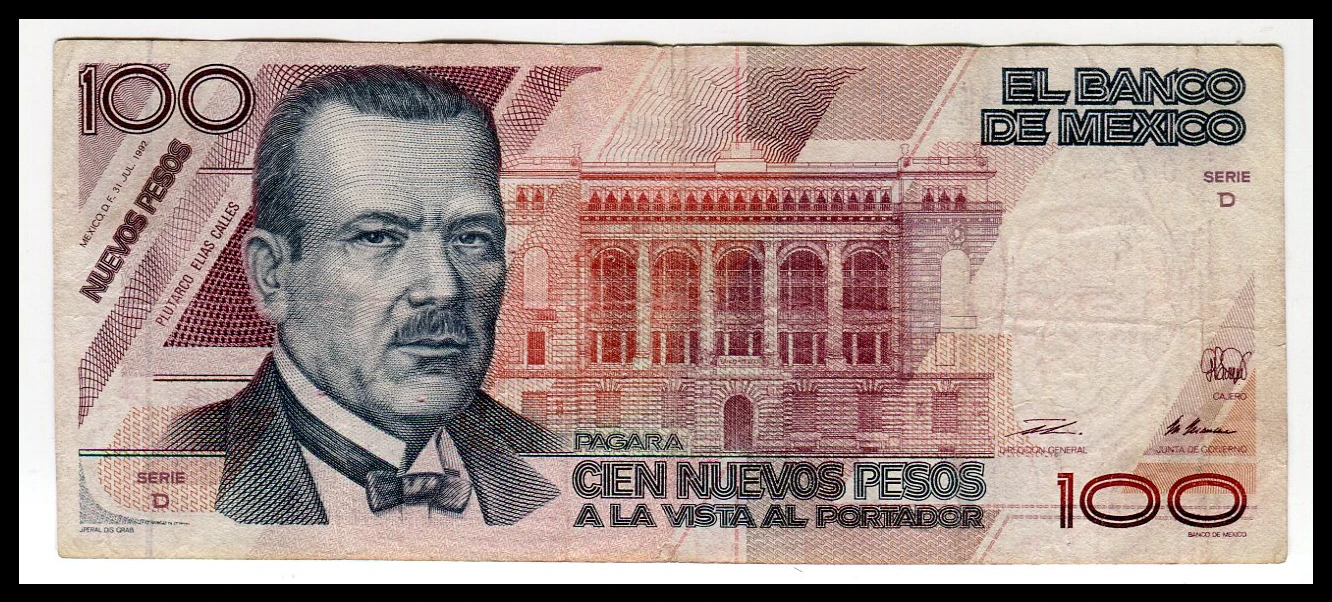 Billete 100 Nuevos Pesos Putarco Elias Calles - (Condición Usado - Grado: F "Fine") - Imagen 2