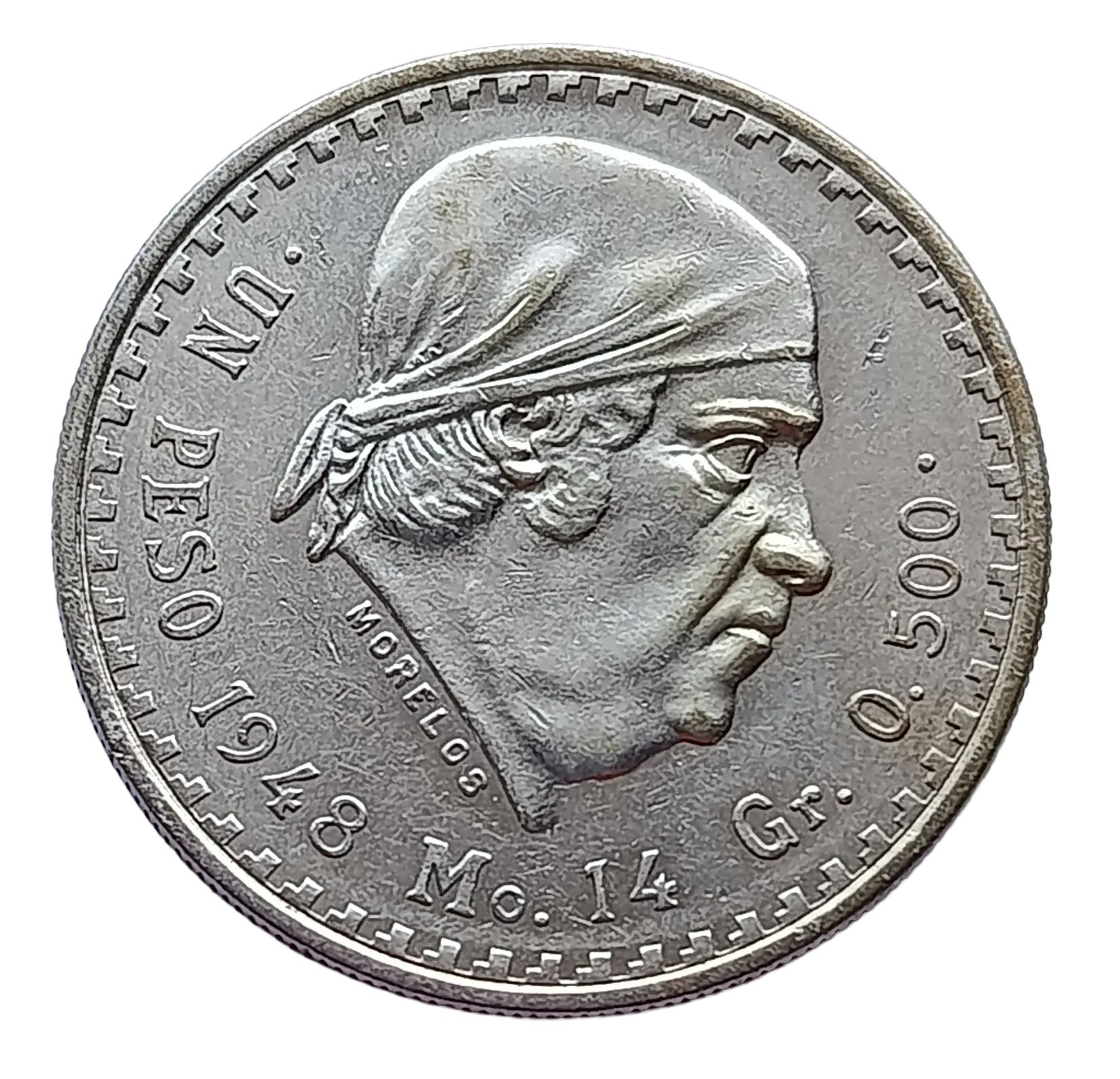 Moneda Un Peso Cacheton Morelos Plata Año 1948 Ley .500 Condición: USADA