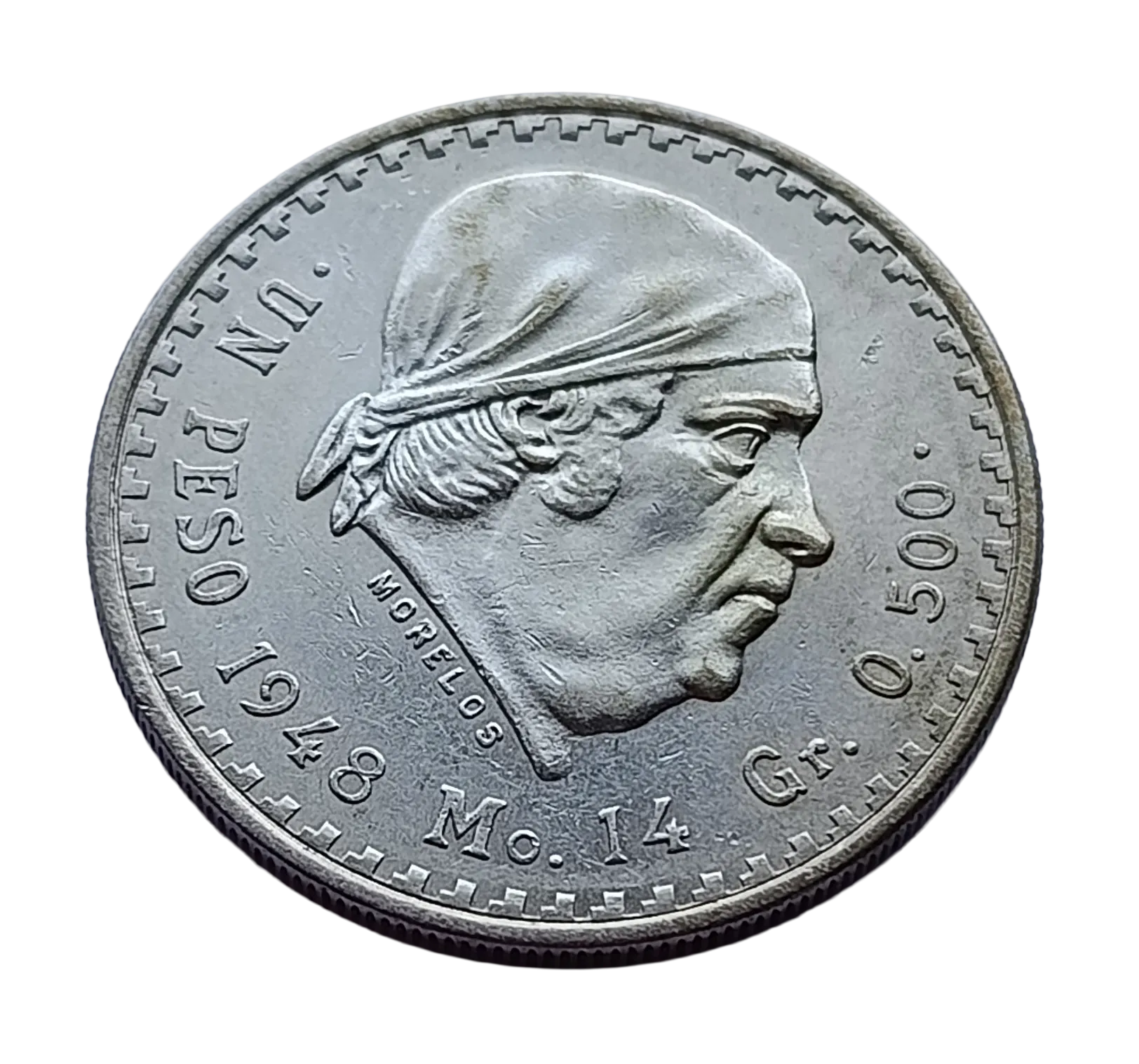 Moneda Un Peso Cacheton Morelos Plata Año 1948 Ley .500 Condición: USADA - Imagen 3
