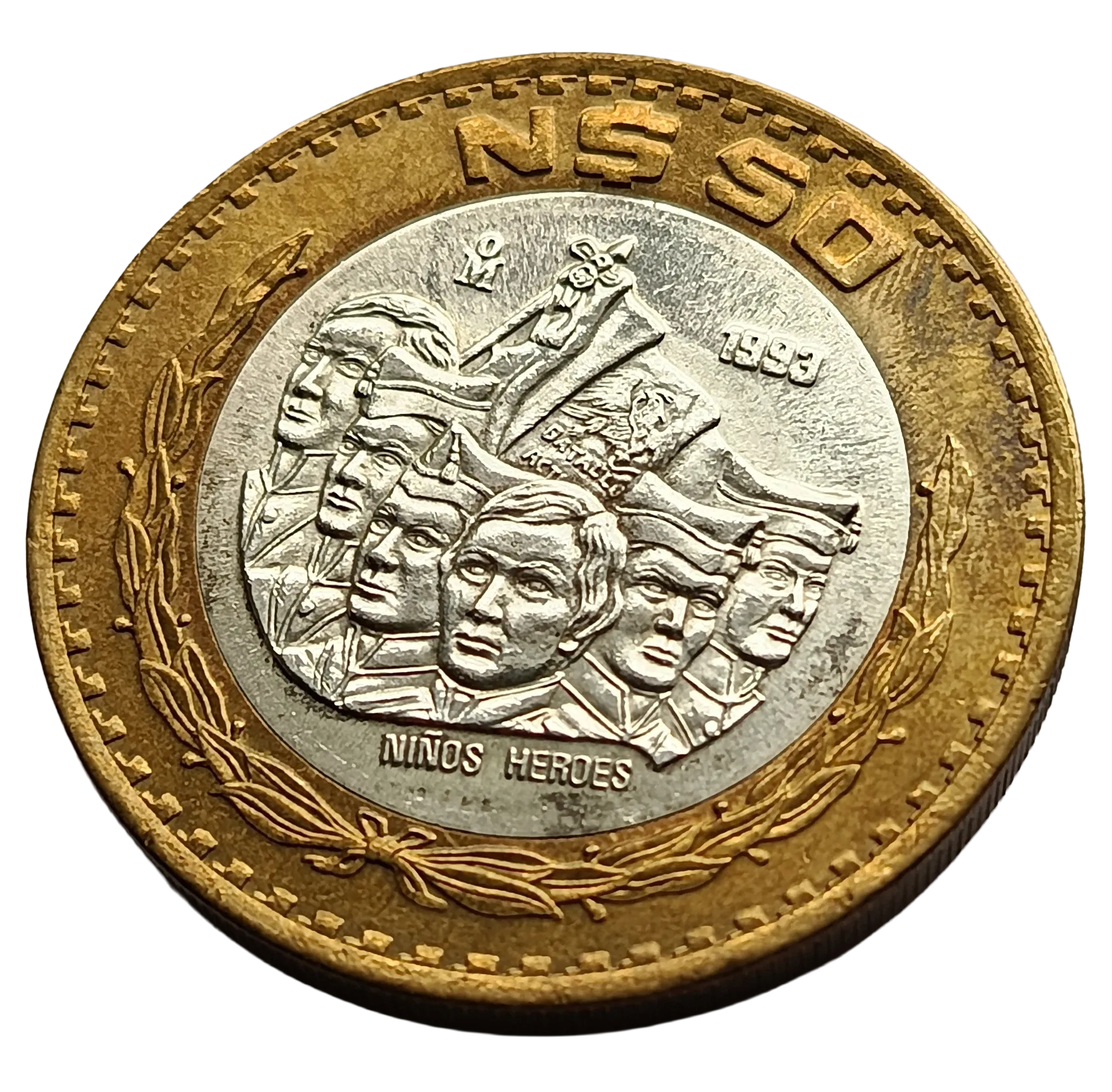Moneda 50 Nuevos Pesos Niños Héroes - Centro de Plata- Año 1993 - Condición: Usada - Imagen 3